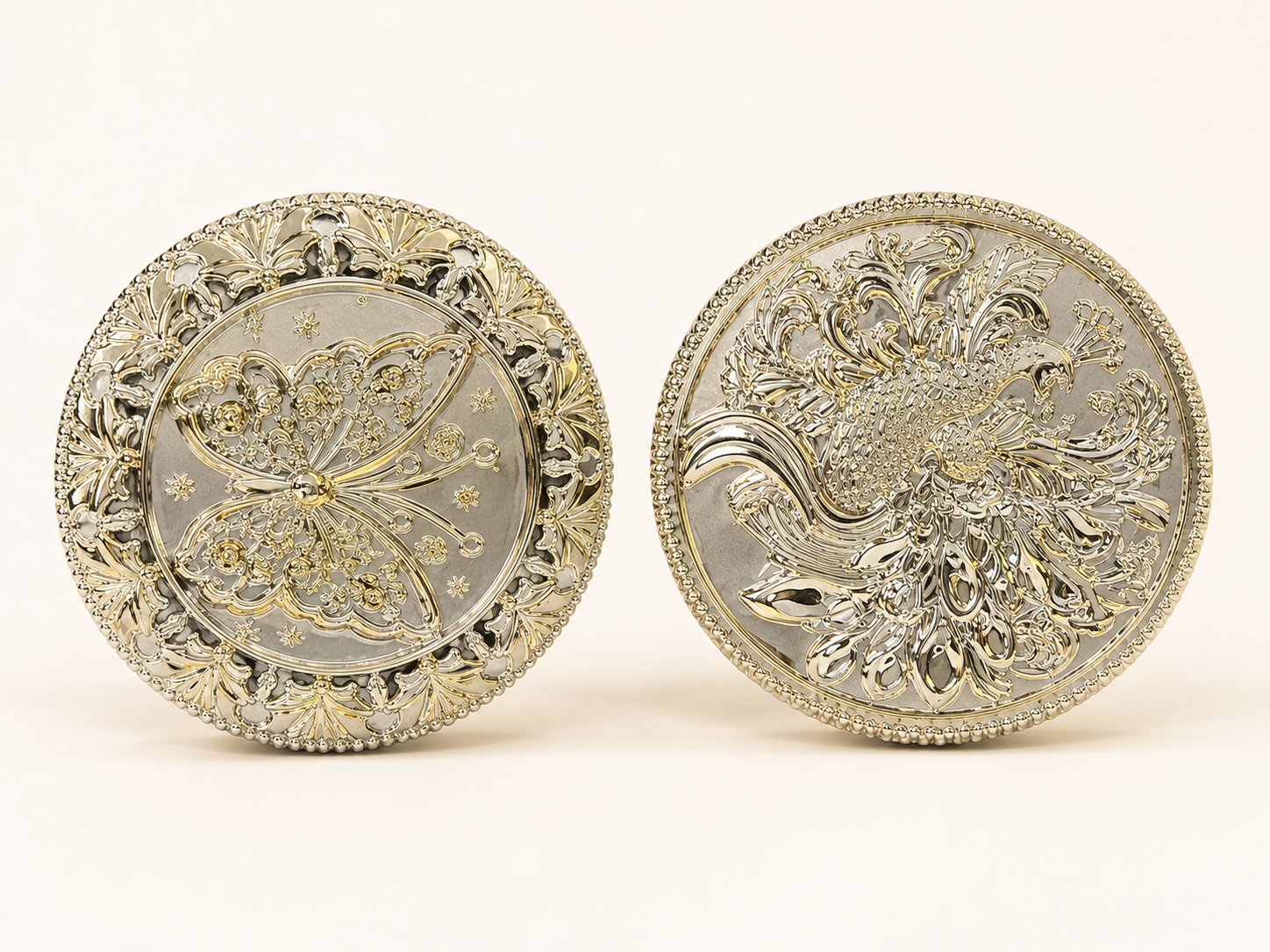 Gold and silver vacuum-metallised bottle cap medallions, embossed floral design
