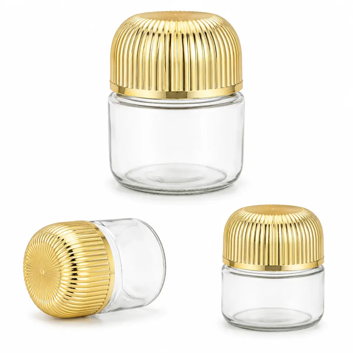 Glass fruit jars with ribbed dome gold vacuum-metallised lids, two sizes