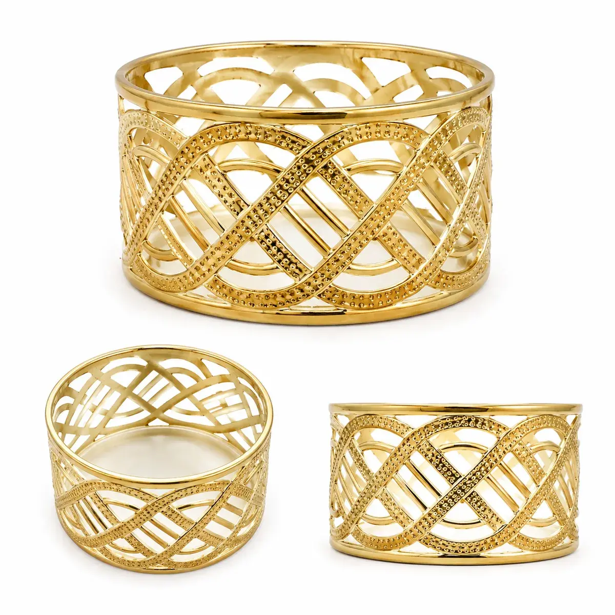 Gold vacuum-metallised openwork lattice ring handles in three sizes