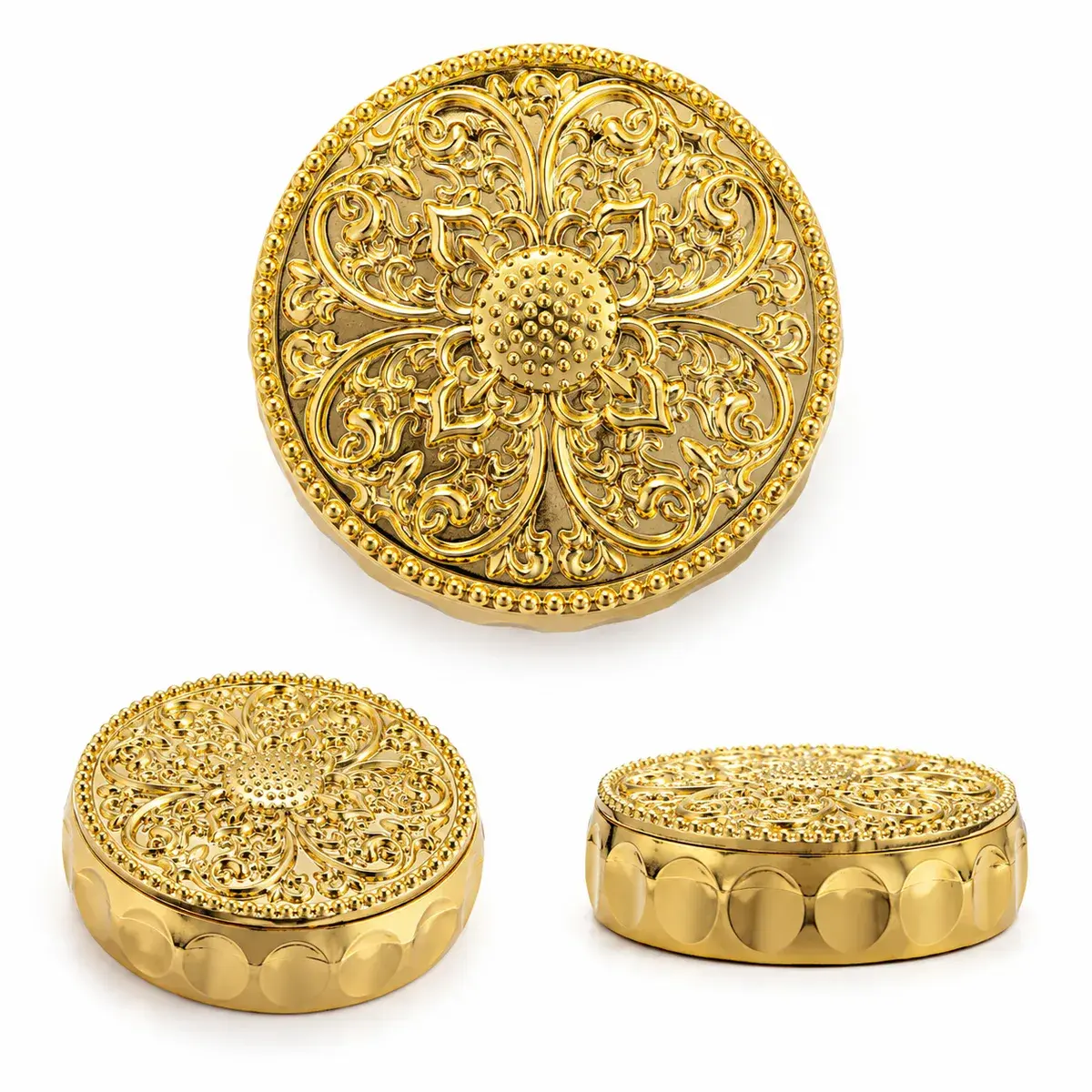 Gold vacuum-metallised medallion lid with embossed floral filigree, three angles